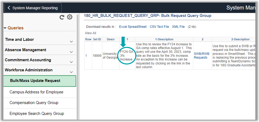Shows query group with applicable query selected