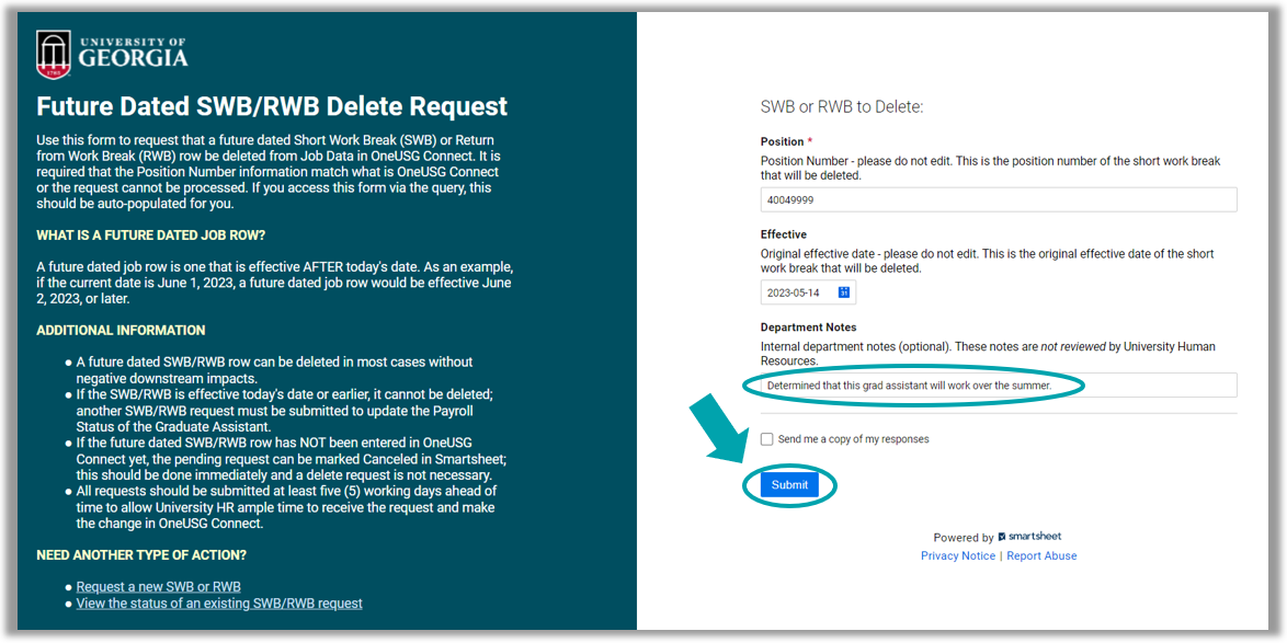 Prepopulated smartsheet form to delete SWB