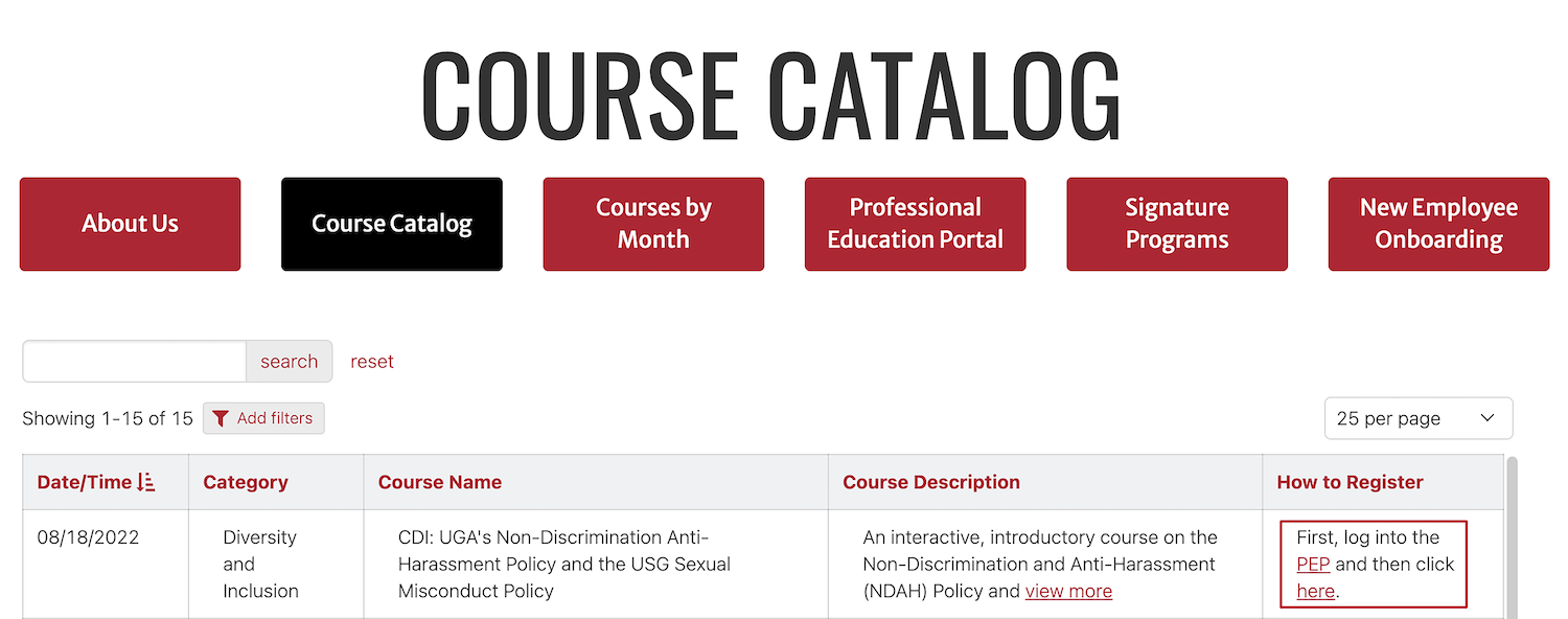 course catalog screen shot